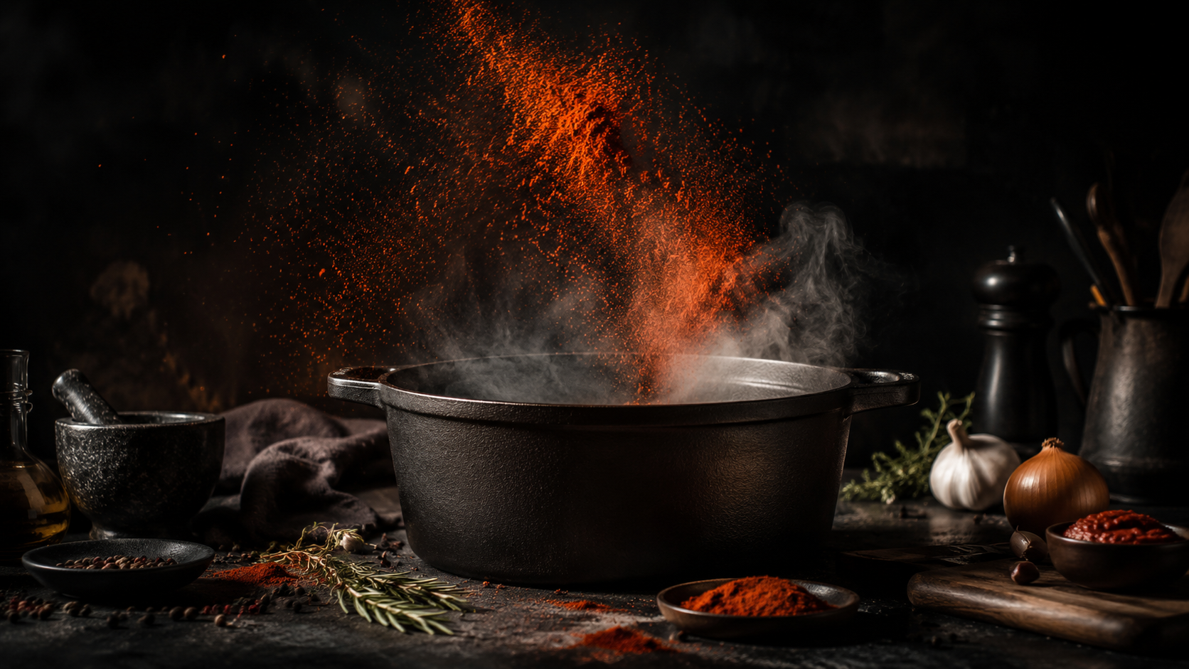 Dunkle Kueche mit Paprika, Gusseisen und warmem Licht